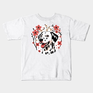 Dalmatian Enjoys Spring Amid Cherry Blossoms and Flowers Kids T-Shirt